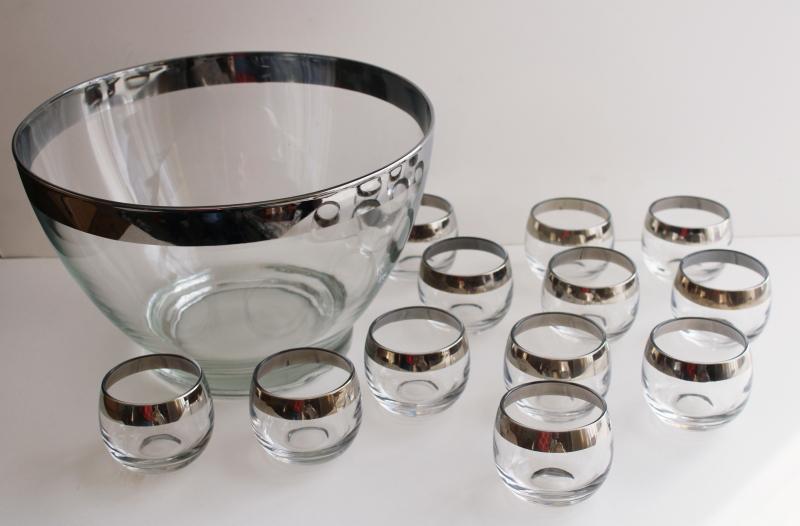 photo of mid-century mod vintage Dorothy Thorpe roly poly wide silver band punch cup glasses & bowl #1