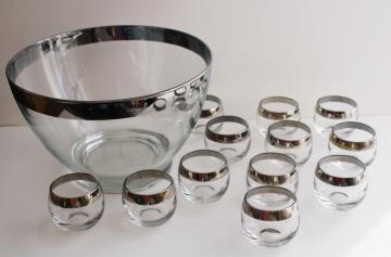 catalog photo of mid-century mod vintage Dorothy Thorpe roly poly wide silver band punch cup glasses & bowl