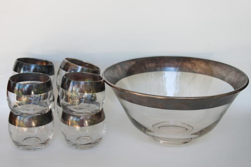 photo of mid-century mod vintage Dorothy Thorpe wide silver band roly poly glasses & punch bowl #1