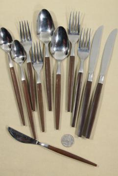 catalog photo of mid-century mod vintage Ekco Eterna Canoe Muffin stainless flatware w/ rosewood melamine handles