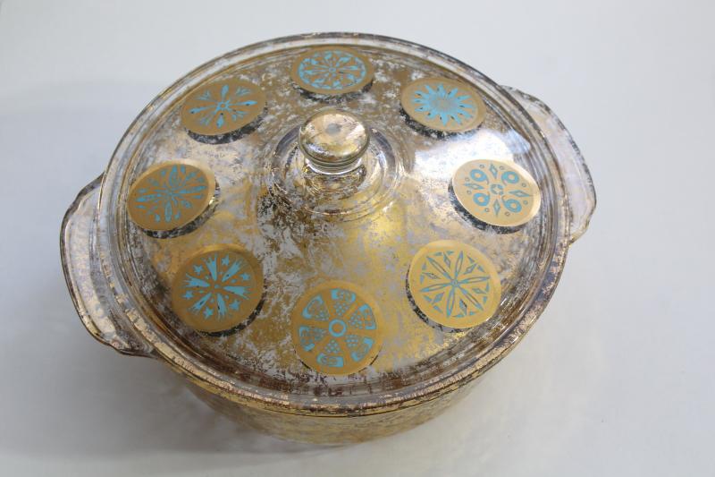 photo of mid-century mod vintage Georges Briard Fire King casserole, gold & turquoise medallions #1