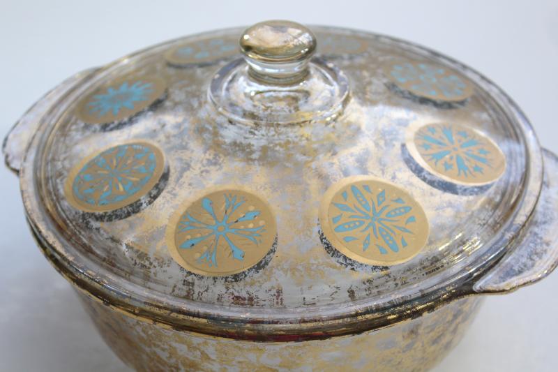 photo of mid-century mod vintage Georges Briard Fire King casserole, gold & turquoise medallions #8