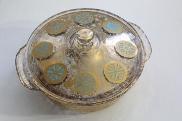 catalog photo of mid-century mod vintage Georges Briard Fire King casserole, gold & turquoise medallions