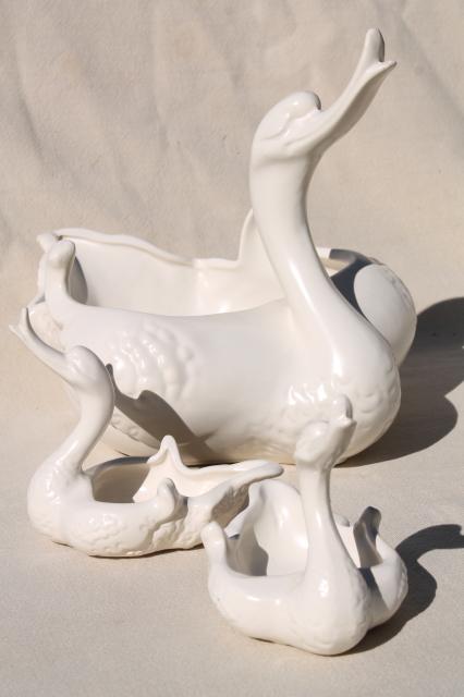 photo of mid-century mod vintage Hull pottery matte white swans, coy duck faced swan family! #1