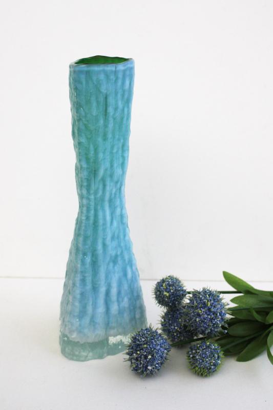 photo of mid-century mod vintage Japan ice textured art glass vase blue w/ white cased glass #1