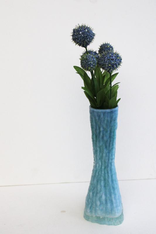 photo of mid-century mod vintage Japan ice textured art glass vase blue w/ white cased glass #7