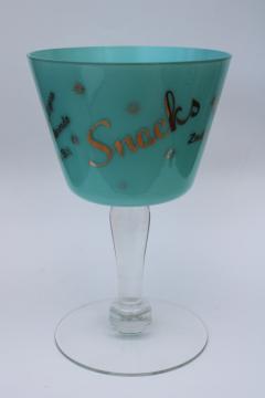 catalog photo of mid-century mod vintage Snacks server, giant cocktail glass aqua w/ gold, retro bar decor