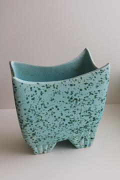 catalog photo of mid-century mod vintage aqua spatter pottery vase or planter, retro ceramic pot