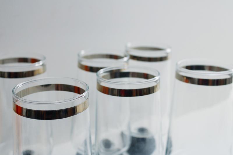 photo of mid-century mod vintage bar glasses, silver platinum band black footed tumblers #3