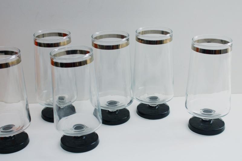 photo of mid-century mod vintage bar glasses, silver platinum band black footed tumblers #5