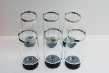 catalog photo of mid-century mod vintage bar glasses, silver platinum band black footed tumblers