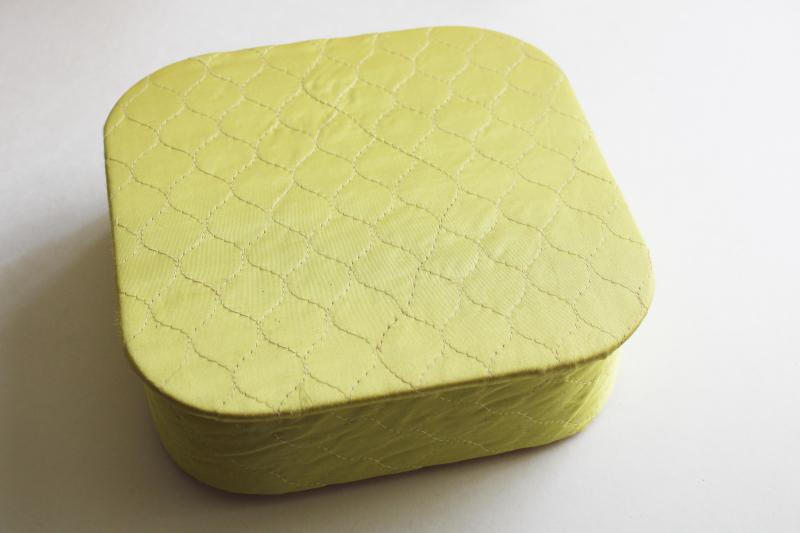 photo of mid-century mod vintage chartreuse satin quilted hanky box for gloves, stockings #1