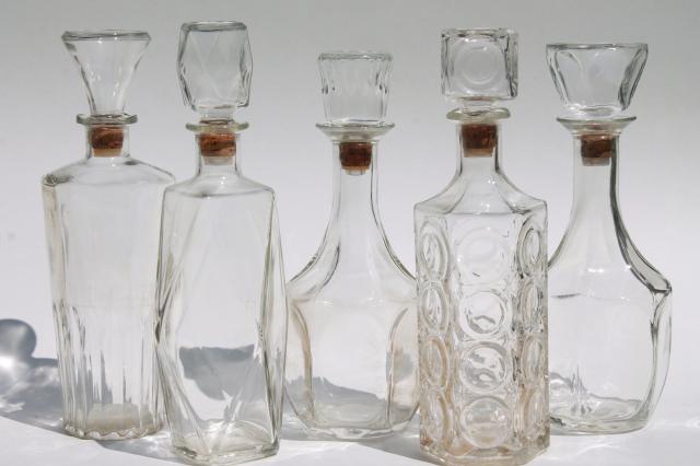 photo of mid-century mod vintage clear glass decanters, bar bottle liquor bottles #1