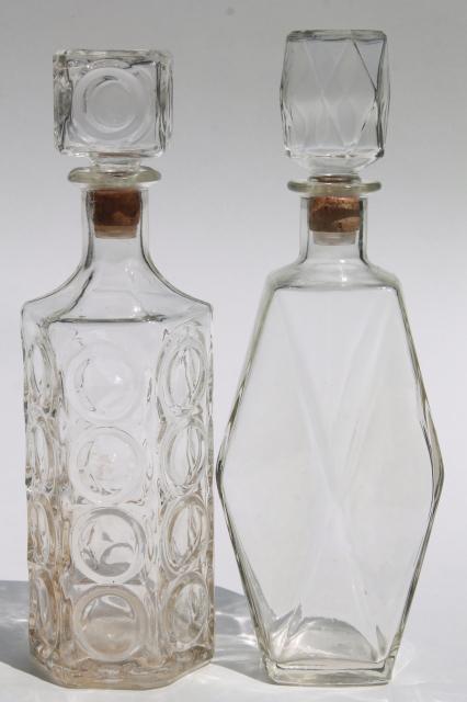 photo of mid-century mod vintage clear glass decanters, bar bottle liquor bottles #10