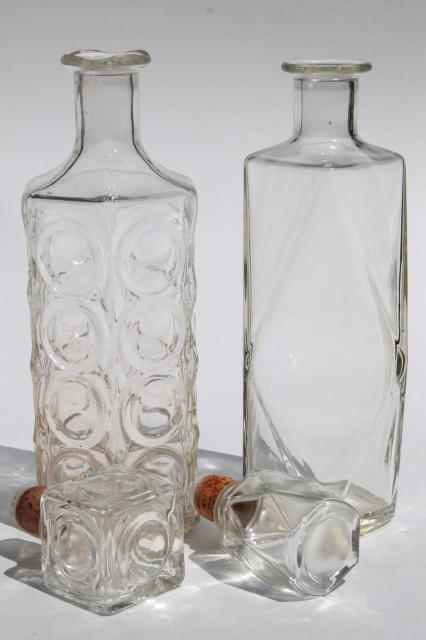 photo of mid-century mod vintage clear glass decanters, bar bottle liquor bottles #11