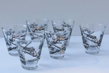 catalog photo of mid-century mod vintage cocktail bar shot glasses Libbey glass wild west guns