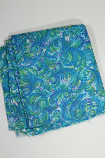 photo of mid-century mod vintage cotton fabric, cool blue green feather plumes print #5