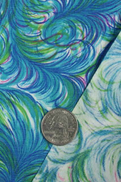 photo of mid-century mod vintage cotton fabric, cool blue green feather plumes print #6