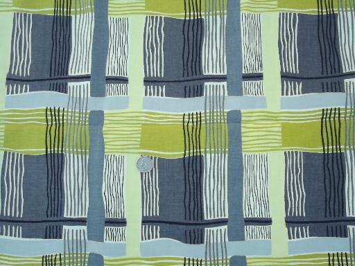 photo of mid-century mod vintage decorator fabric, grey / apple green plaid print #1