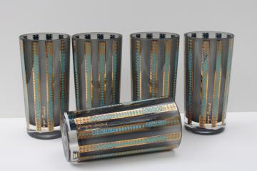 catalog photo of mid-century mod vintage drinking glasses - Briard highballs, smoke grey w/ aqua & gold