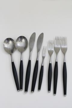 catalog photo of mid-century mod vintage flatware, Safir pattern Wallin Sweden stainless w/ black handles