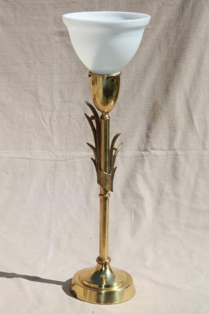 photo of mid-century mod vintage huge brass torch table lamp, Stiffel torchiere w/ glass reflector shade #1