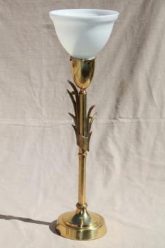 catalog photo of mid-century mod vintage huge brass torch table lamp, Stiffel torchiere w/ glass reflector shade