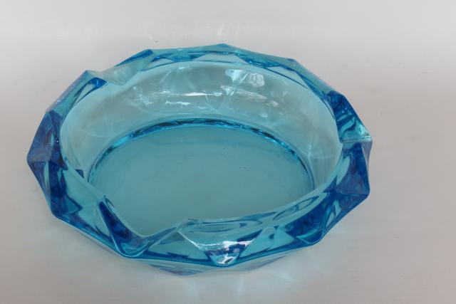 photo of mid-century mod vintage huge heavy glass ashtray, retro aqua blue gem faceted ash tray #1