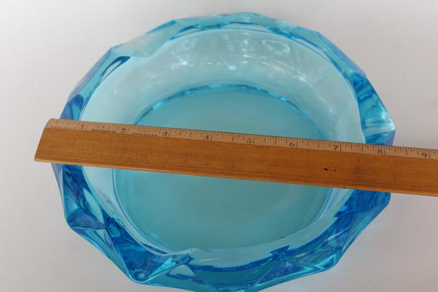 photo of mid-century mod vintage huge heavy glass ashtray, retro aqua blue gem faceted ash tray #3