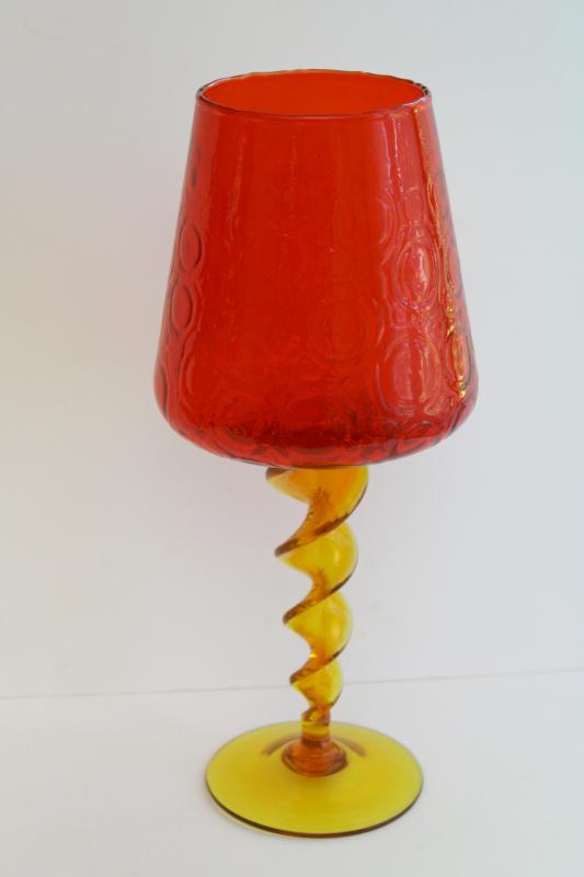 photo of mid-century mod vintage huge wine goblet vase, bullseye texture twist stem amberina glass #1