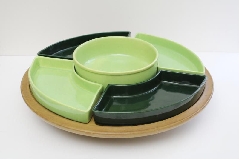 photo of mid-century mod vintage lazy susan w/ ceramic relish tray apple green & pine green #1