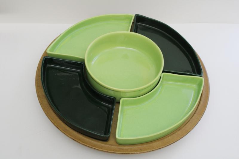 photo of mid-century mod vintage lazy susan w/ ceramic relish tray apple green & pine green #13