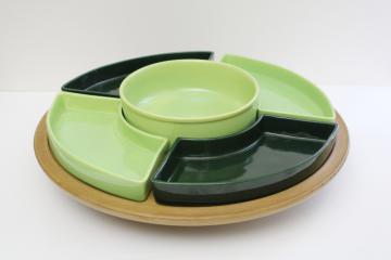 catalog photo of mid-century mod vintage lazy susan w/ ceramic relish tray apple green & pine green