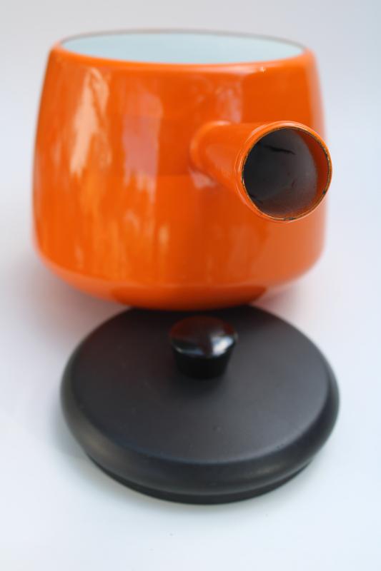 photo of mid-century mod vintage orange enamel saucepan or fondue pot w/ matte black metal lid  #3