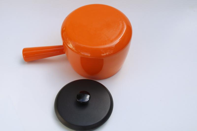 photo of mid-century mod vintage orange enamel saucepan or fondue pot w/ matte black metal lid  #4