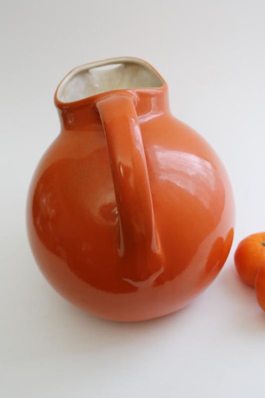 photo of mid-century mod vintage pottery pitcher, round ball jug orange ceramic #5