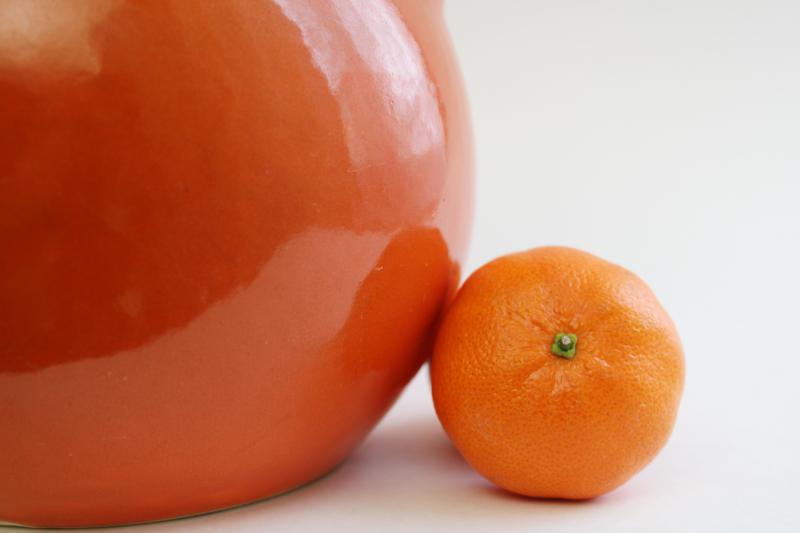 photo of mid-century mod vintage pottery pitcher, round ball jug orange ceramic #7