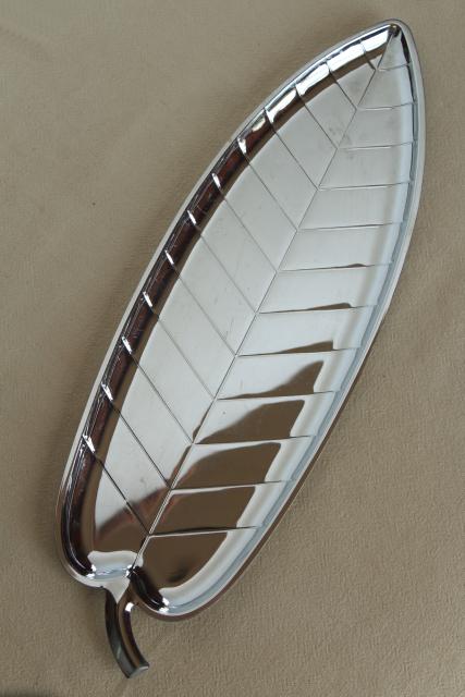 photo of mid-century mod vintage silver chrome metal long narrow leaf tray, art deco style #1