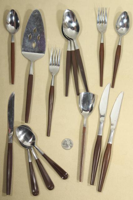 photo of mid-century mod vintage stainless flatware, lot of silverware w/ rosewood melamine handles #1