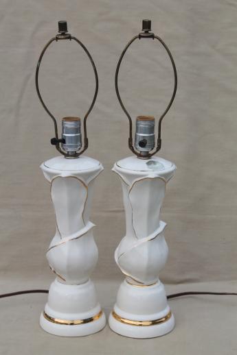 photo of mid-century mod vintage white & gold ceramic table lamps w/ American china label #1