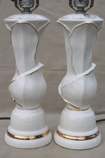 photo of mid-century mod vintage white & gold ceramic table lamps w/ American china label #2