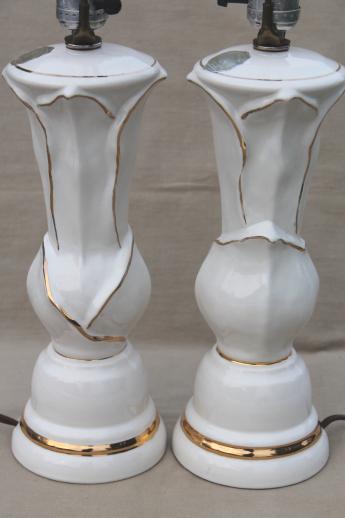 photo of mid-century mod vintage white & gold ceramic table lamps w/ American china label #4