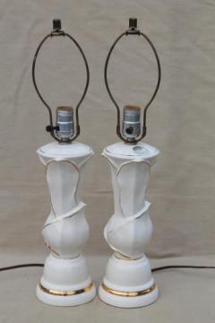 catalog photo of mid-century mod vintage white & gold ceramic table lamps w/ American china label