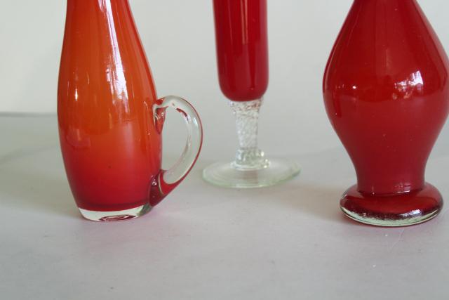 photo of mid-century modern vintage art glass vases, tomato red orange color cased glass collection #2