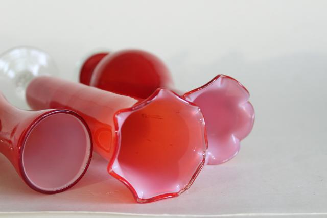 photo of mid-century modern vintage art glass vases, tomato red orange color cased glass collection #3