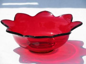 catalog photo of mid-century modern vintage red glass bowl, flower shape