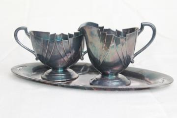 catalog photo of mid-century modern vintage silver plate, art deco style cream & sugar set w/ tray