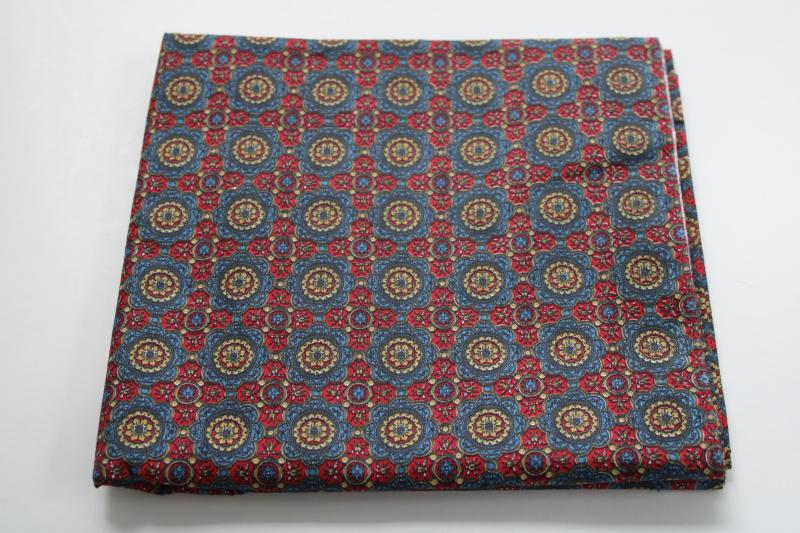 photo of mid-century vintage 36 wide cotton fabric, print in red, blue, mustard gold #1