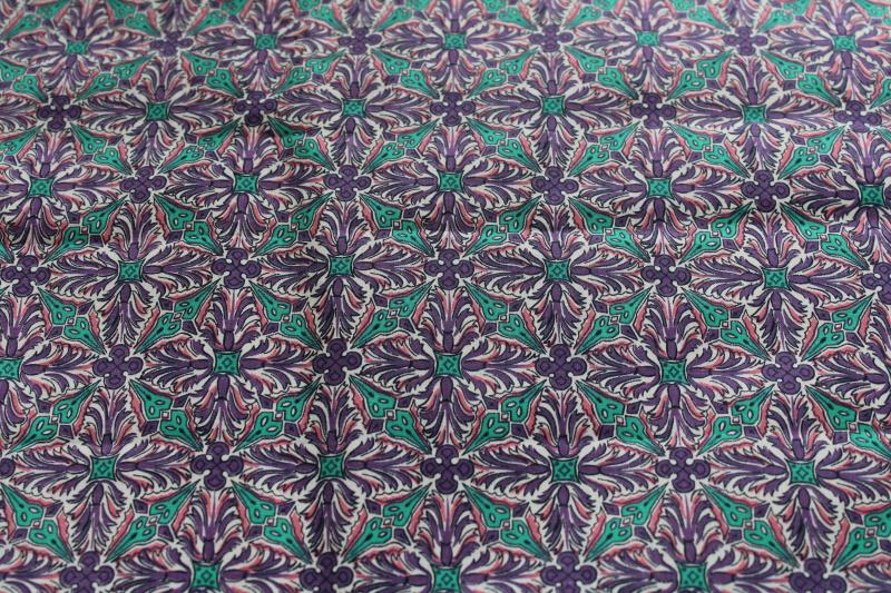 photo of mid-century vintage 36 wide cotton fabric, print in turquoise, pink, violet purple #1