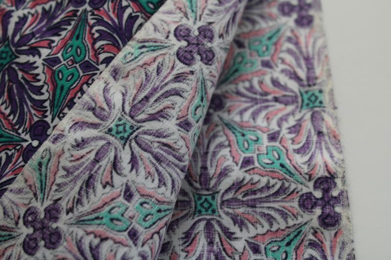 photo of mid-century vintage 36 wide cotton fabric, print in turquoise, pink, violet purple #3